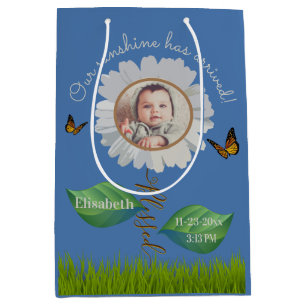 Elegant Daisy Blue Floral Cute Baby Photo & Name Medium Gift Bag