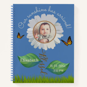 Elegant Daisy Blue Floral Cute Baby Photo & Name Notebook