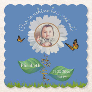 Elegant Daisy Blue Floral Cute Baby Photo & Name Paper Coaster