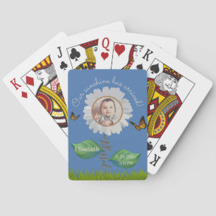 Elegant Daisy Blue Floral Cute Baby Photo & Name Playing Cards