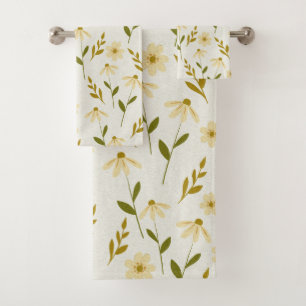 Elegant Daisy Floral Design Ivory Greenery Branch Bath Towel Set