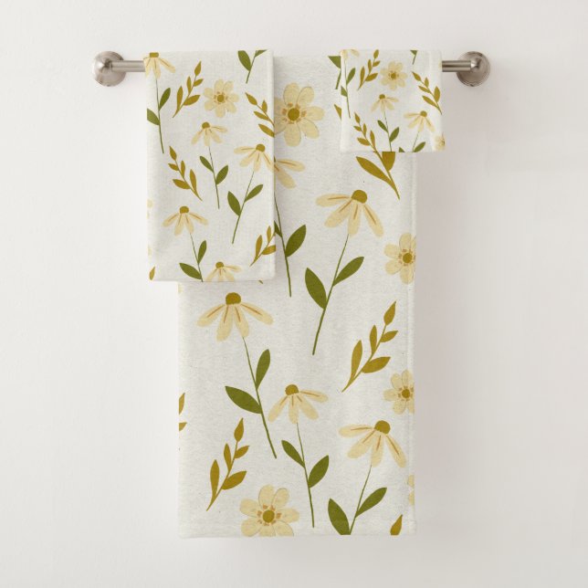 Elegant Daisy Floral Design Ivory Greenery Branch Bath Towel Set (Insitu)