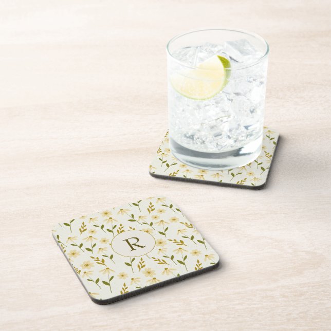 Elegant Daisy Floral Design Ivory Greenery Branch Coaster (Right Side)