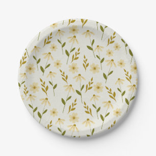 Elegant Daisy Floral Design Ivory Greenery Branch Paper Plate