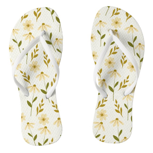 Elegant Daisy Floral Design Ivory Greenery Branch Thongs (Footbed)
