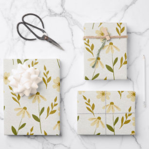 Elegant Daisy Floral Design Ivory Greenery Branch Wrapping Paper Sheet