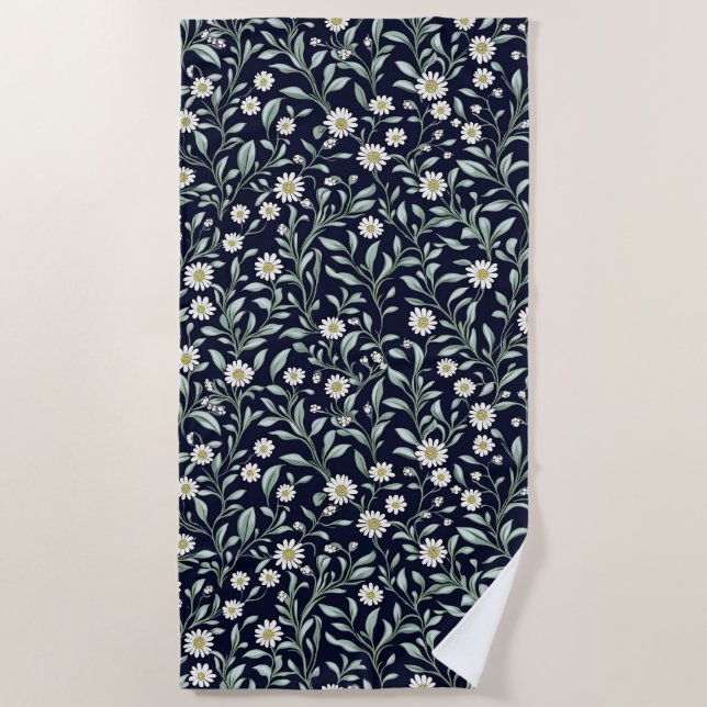 Elegant Daisy Floral Pattern on Dark Background Beach Towel (Front)