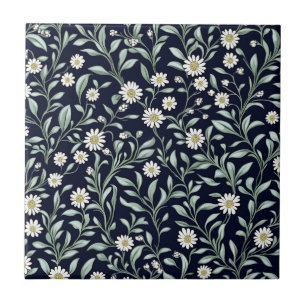 Elegant Daisy Floral Pattern on Dark Background Ceramic Tile