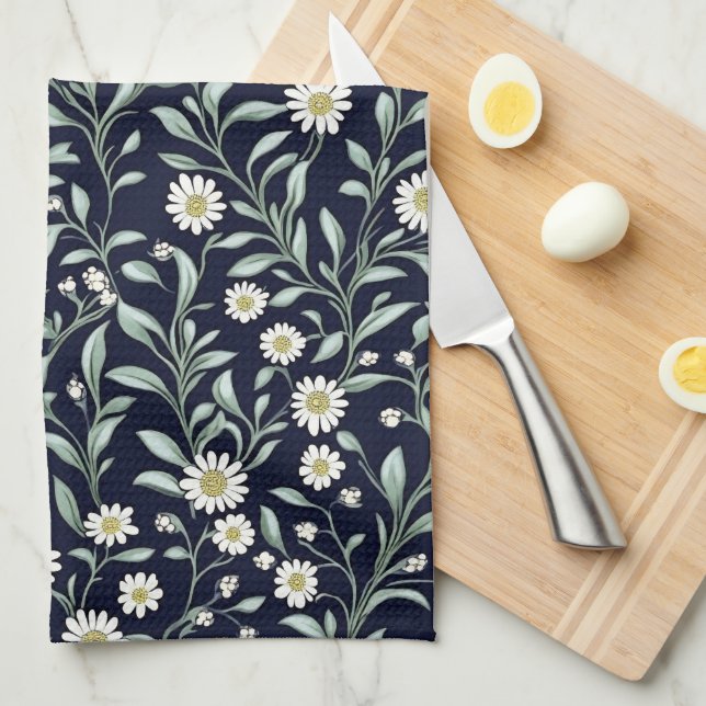Elegant Daisy Floral Pattern on Dark Background Tea Towel (Quarter Fold)