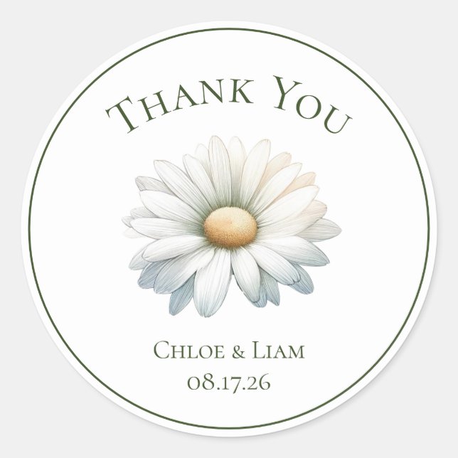 Elegant Daisy Flower Wedding Thank You Classic Round Sticker (Front)