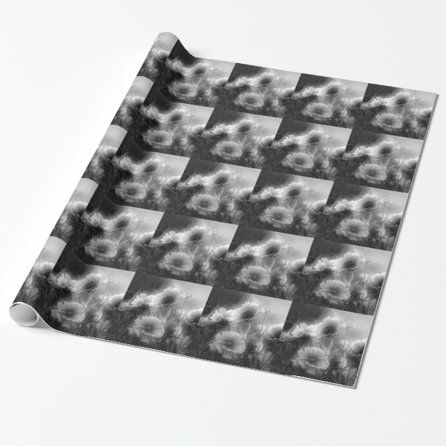 Elegant Daisy Flowers In Black And White Wrapping Paper (Unrolled)