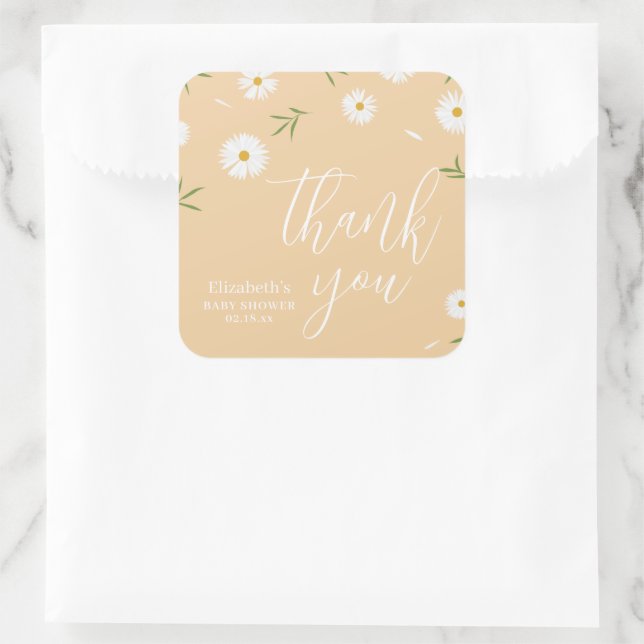Elegant Daisy Gender Neutral Baby Shower Thank You Square Sticker (Bag)