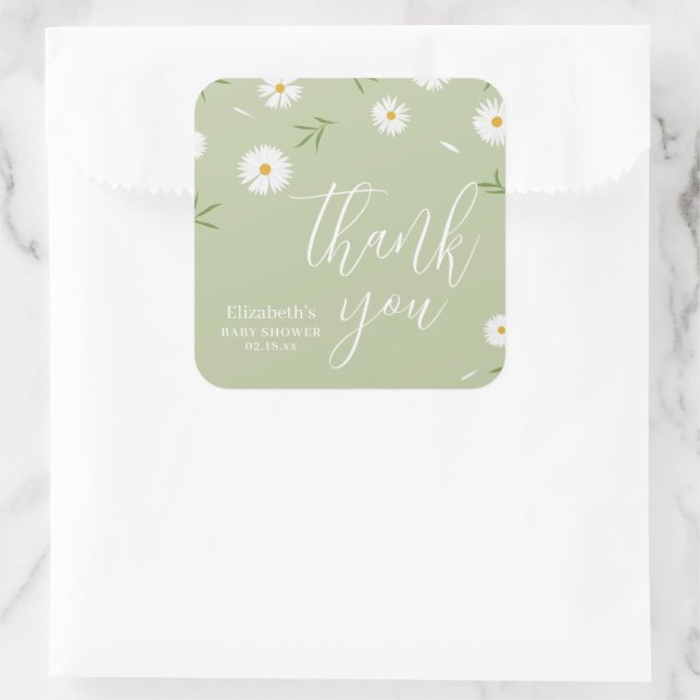 Elegant Daisy Gender Neutral Baby Shower Thank You Square Sticker (Bag)