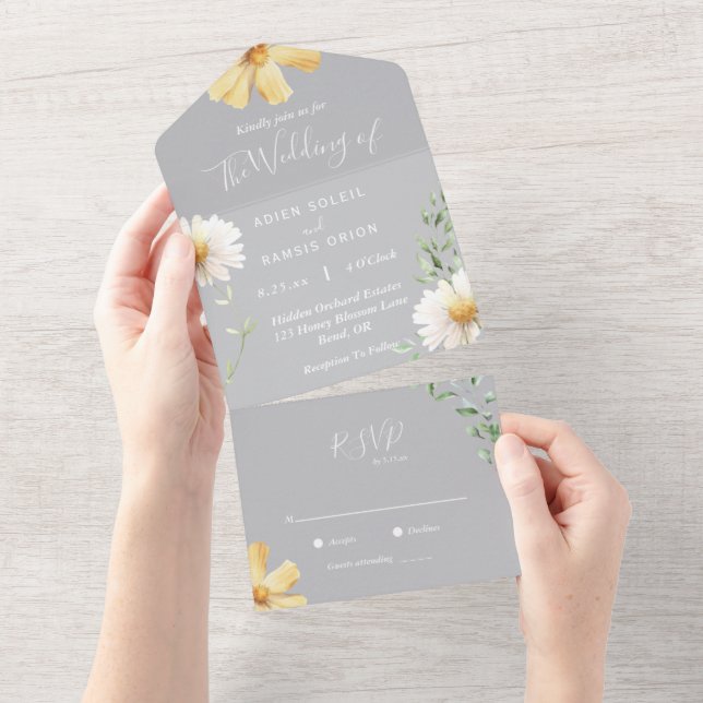 Elegant Daisy | Grey All In One Wedding Invitation (Tearaway)