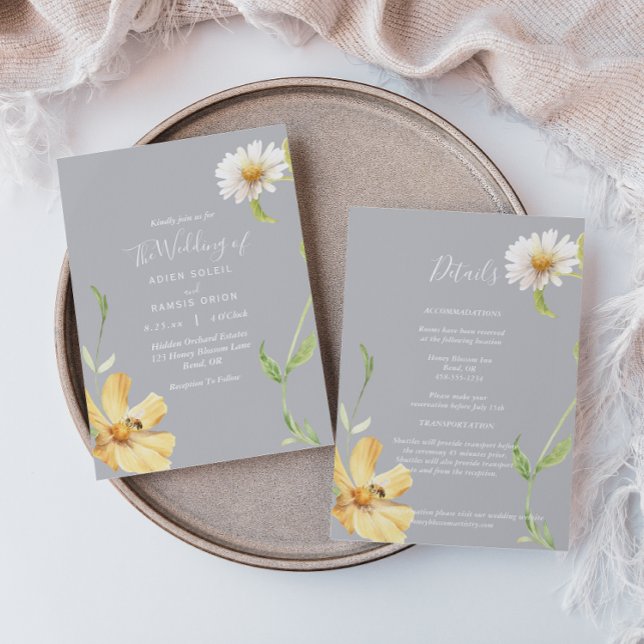Elegant Daisy | Grey Details All In One Wedding Invitation (Creator Uploaded)