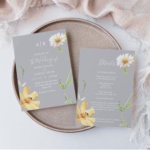 Elegant Daisy Grey Monogram Details All In One Invitation