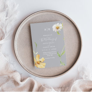 Elegant Daisy   Grey Monogram Wedding Invitation