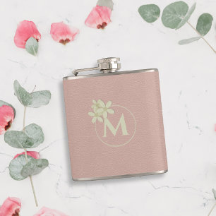 Elegant Daisy Monogram Pink Faux Leather Look Hip Flask