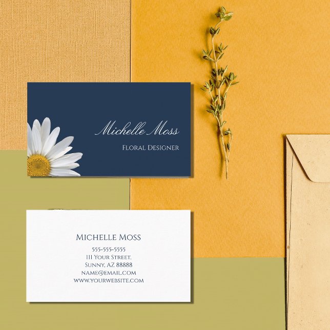 Elegant Daisy Navy Blue Floral Designer  Business Card (Creator Uploaded)