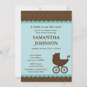 Elegant Damask and Baby Carriage Invitations