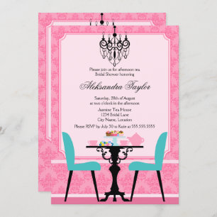 Elegant Damask and Chandelier Pink Aqua Tea Party Invitation