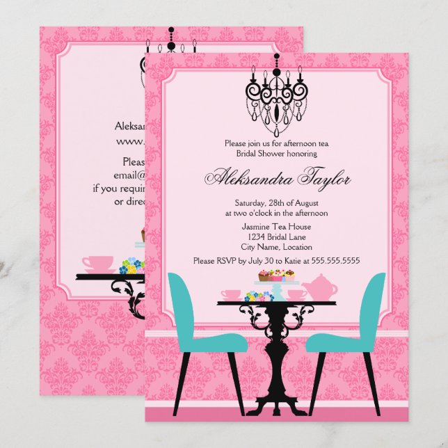 Elegant Damask and Chandelier Pink Aqua Tea Party Invitation (Front/Back)