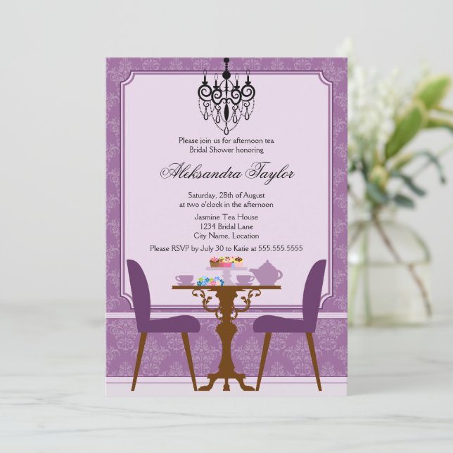 Elegant Damask and Chandelier Tea Party Invitation (Standing Front)