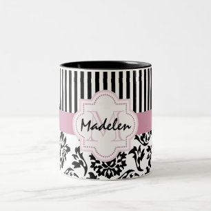 Elegant damask and stripes monogramed Two-Tone coffee mug
