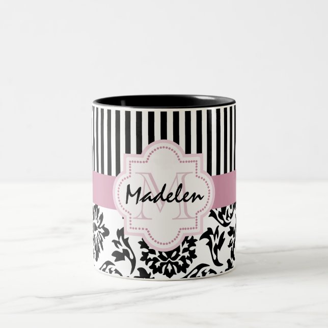Elegant damask and stripes monogramed Two-Tone coffee mug (Center)
