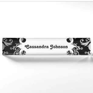 Elegant damask black and white nameplate