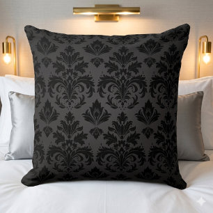 Elegant Damask black on charcoal Throw Pillow