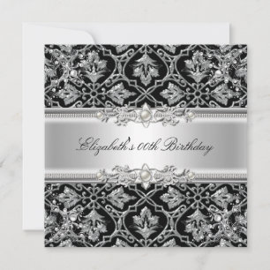 Elegant Damask Black Silver Floral Birthday Party Invitation