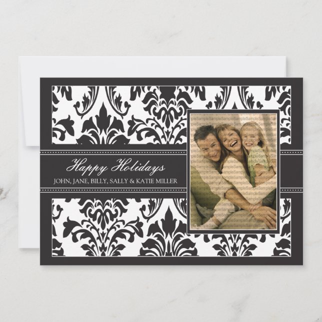 Elegant Damask Black & White 5x7 Happy Holidays Holiday Card (Front)