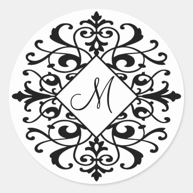 Elegant Damask Black White Scroll Monogram Initial Classic Round Sticker (Front)