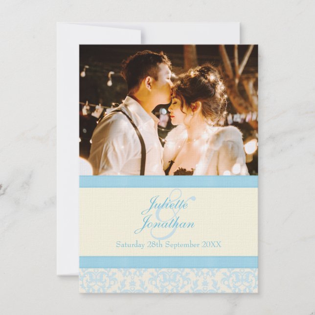 Elegant damask blue & cream wedding invitation (Front)