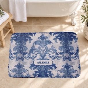 Elegant damask Blue toile de jouy monogram Bath Mat