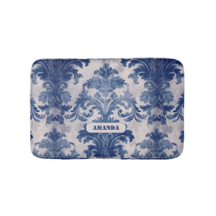 Elegant damask Blue toile de jouy monogram Bath Mat