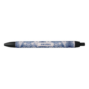 Elegant damask Blue toile de jouy monogram Black Ink Pen