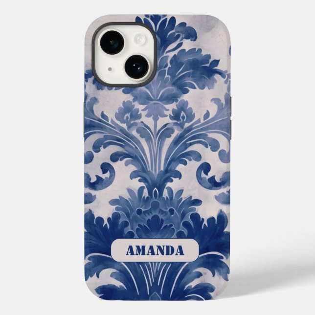 Elegant damask Blue toile de jouy monogram Case-Mate iPhone Case (Back)