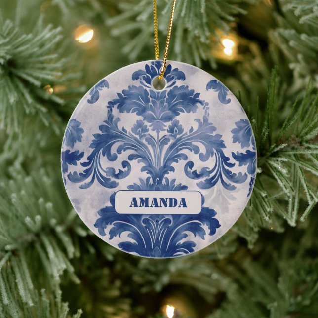 Elegant damask Blue toile de jouy monogram Ceramic Ornament (Tree)
