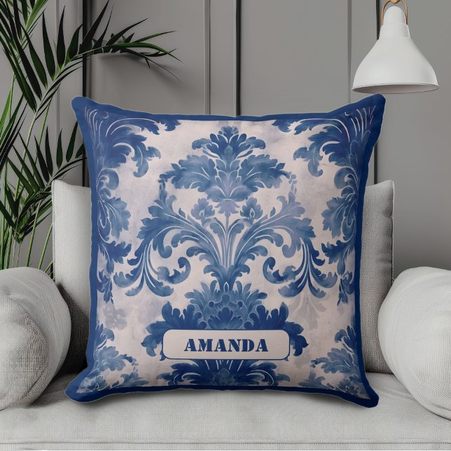 Elegant damask Blue toile de jouy monogram Cushion (Creator Uploaded)