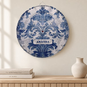 Elegant damask Blue toile de jouy monogram Dartboard