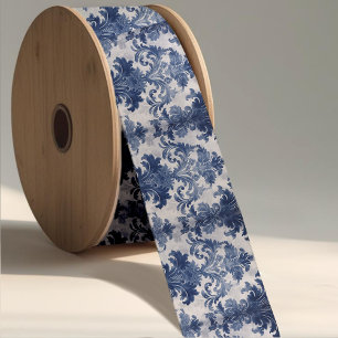 Elegant damask Blue toile de jouy monogram Grosgrain Ribbon