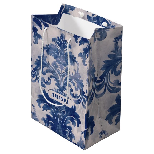 Elegant damask Blue toile de jouy monogram Medium Gift Bag (Front Angled)
