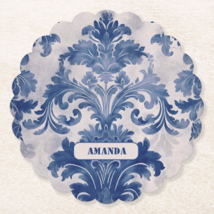 Elegant damask Blue toile de jouy monogram Paper Coaster