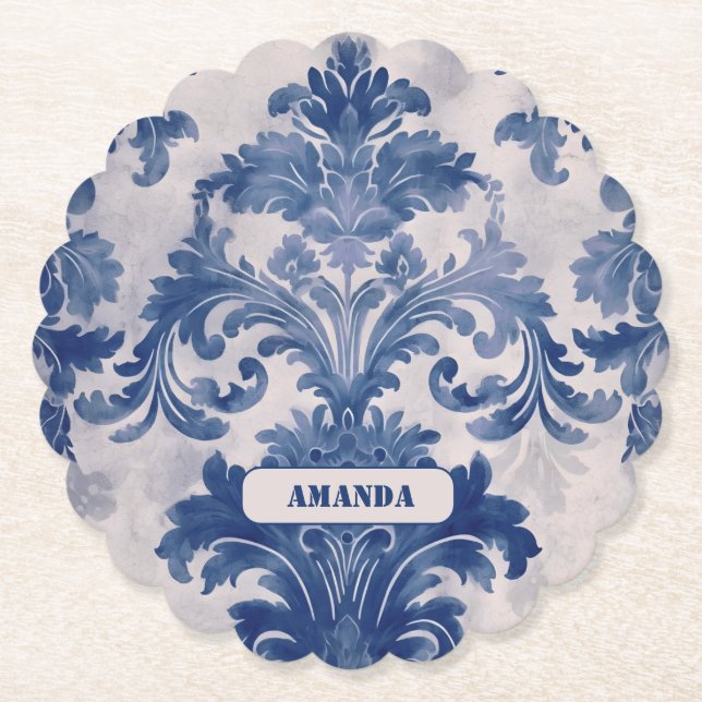 Elegant damask Blue toile de jouy monogram Paper Coaster (Front)