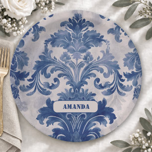 Elegant damask Blue toile de jouy monogram Paper Plate