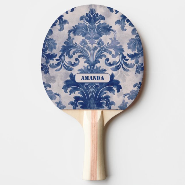 Elegant damask Blue toile de jouy monogram Ping Pong Paddle (Front)
