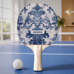 Elegant damask Blue toile de jouy monogram Ping Pong Paddle
