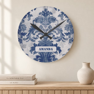 Elegant damask Blue toile de jouy monogram Round Clock